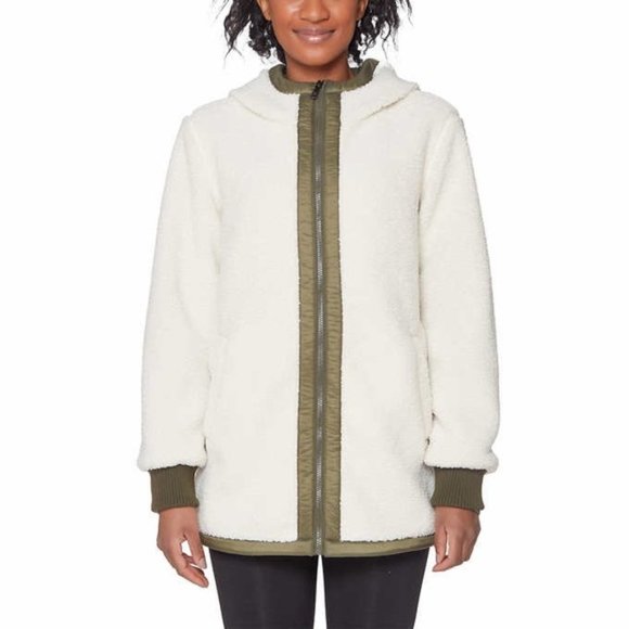 1 MADİSON Women Fuzzy Jacket Hooded--Cream/Olive - Picture 1 of 8